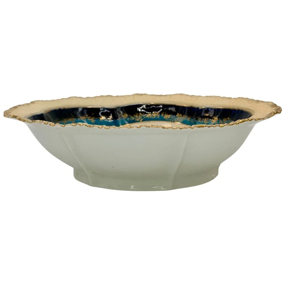 Antique Porcelain Floral Serving Bowl Cobalt‎ Blue Gold Gilt Scalloped Rim 10in